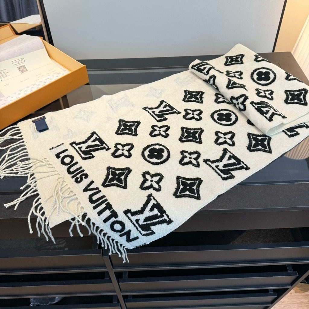 Louis Vuitton White and Black Graphic Scarf — side