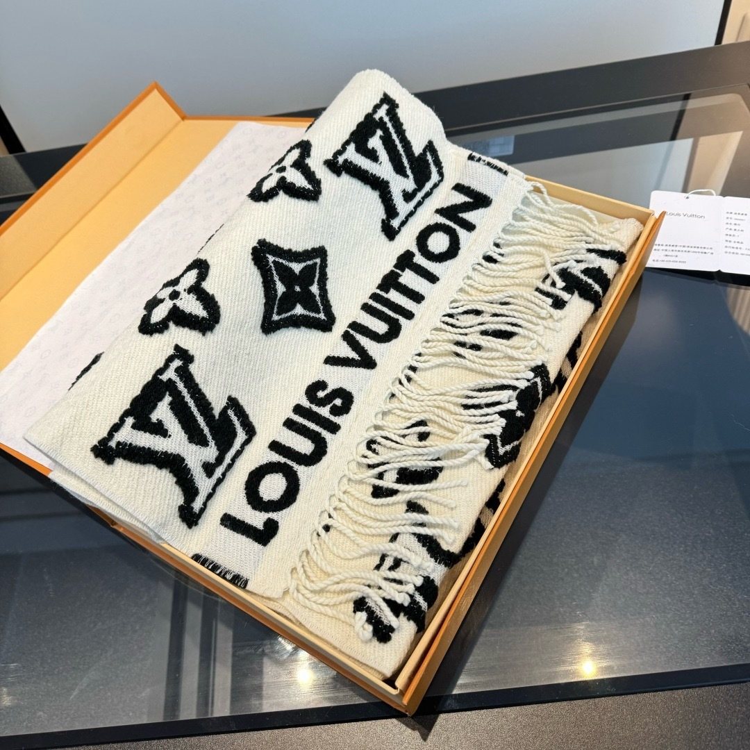 Louis Vuitton White and Black Graphic Scarf — front
