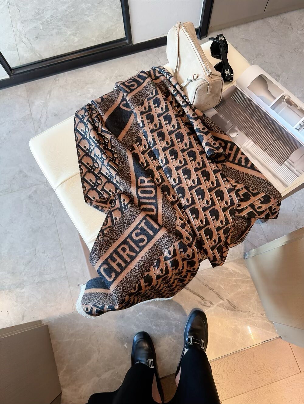 Dior Brown & Beige Fringed Scarf Shawl — front