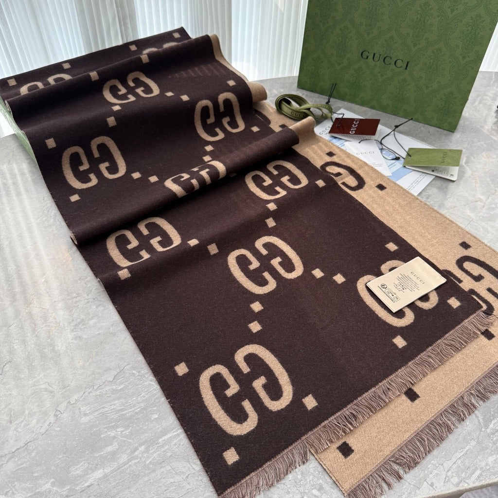 Gucci Dark Brown & Beige Fringed Scarf — hero