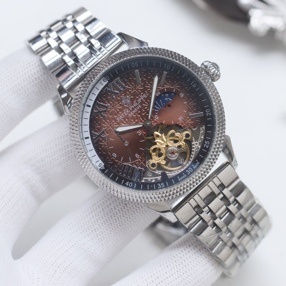 Patek Philippe Silver Brown Dial Bracelet Watch — hero