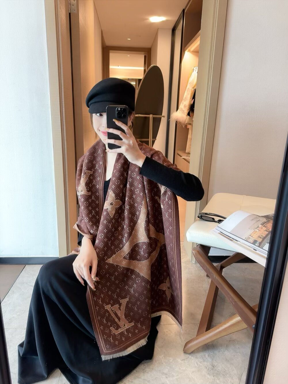 Louis Vuitton Monogram Floral Fringe Scarf — model