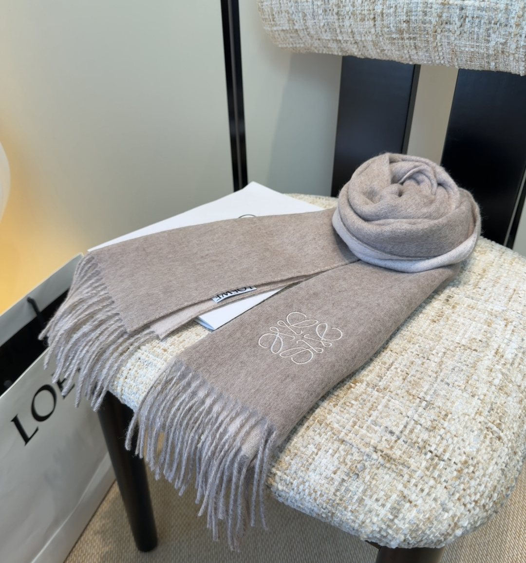 Loewe Taupe Gray and Light Beige Fringed Scarf — side