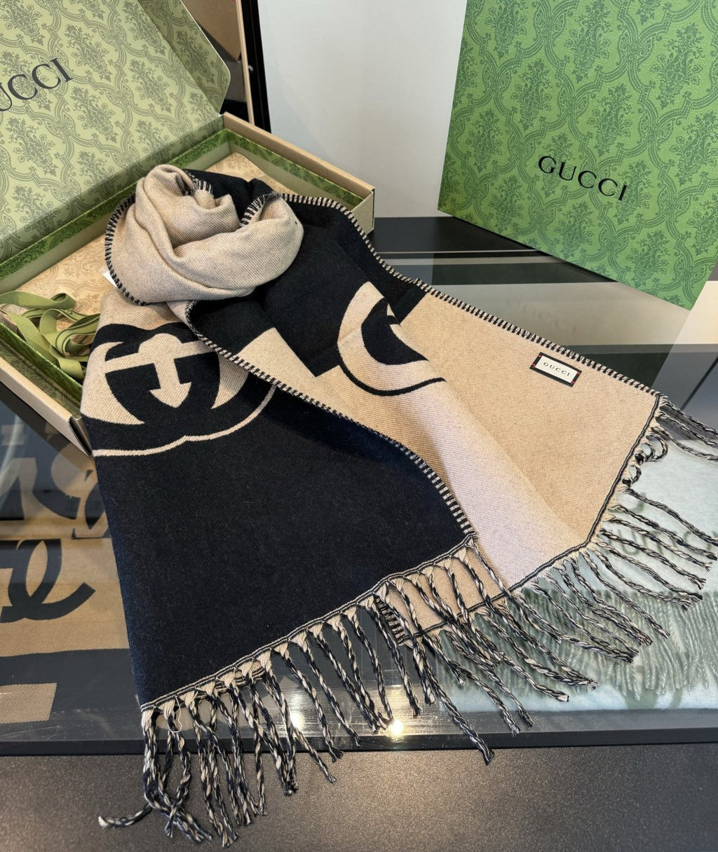 Gucci Black and Beige Fringe Scarf — hero