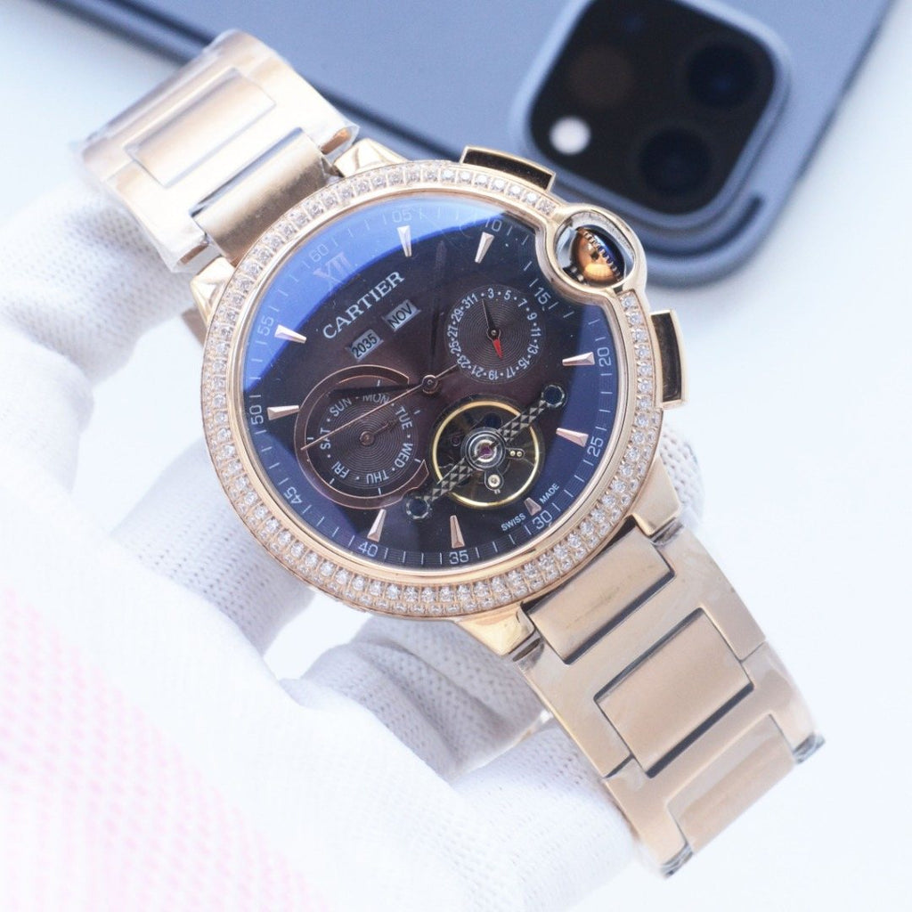 Cartier Rose Gold Blue Brown Dial Leather Strap Watch — front