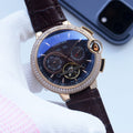 Cartier Rose Gold Blue Brown Dial Leather Strap Watch — hero