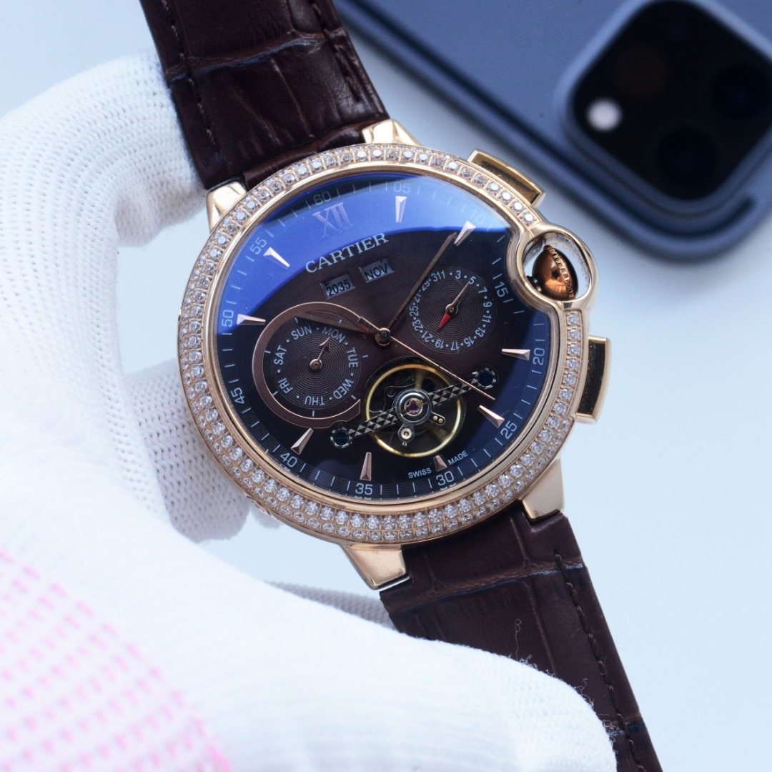 Cartier Rose Gold Blue Brown Dial Leather Strap Watch — hero