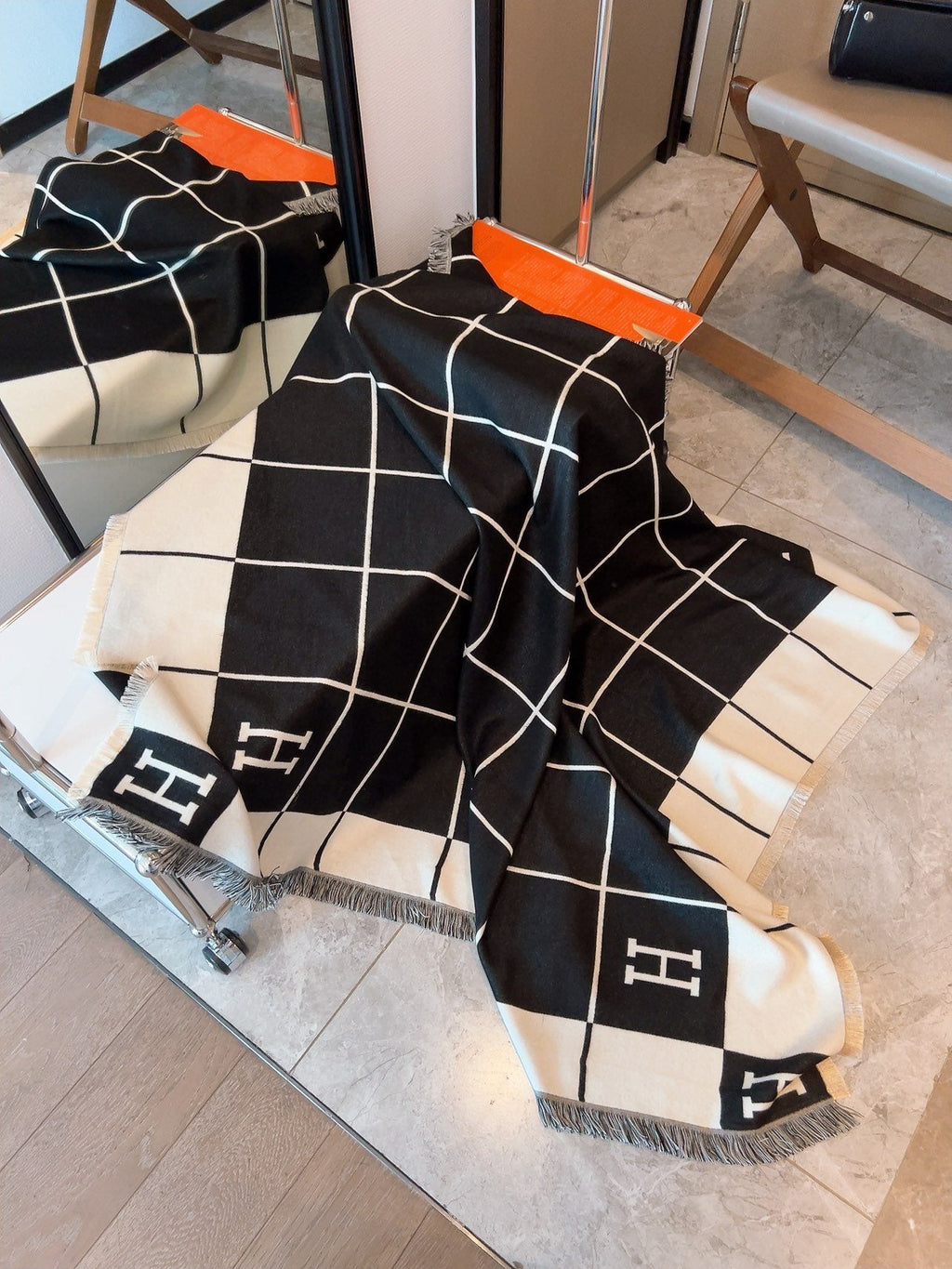 Hermès Black & Cream Grid Square Scarf — front