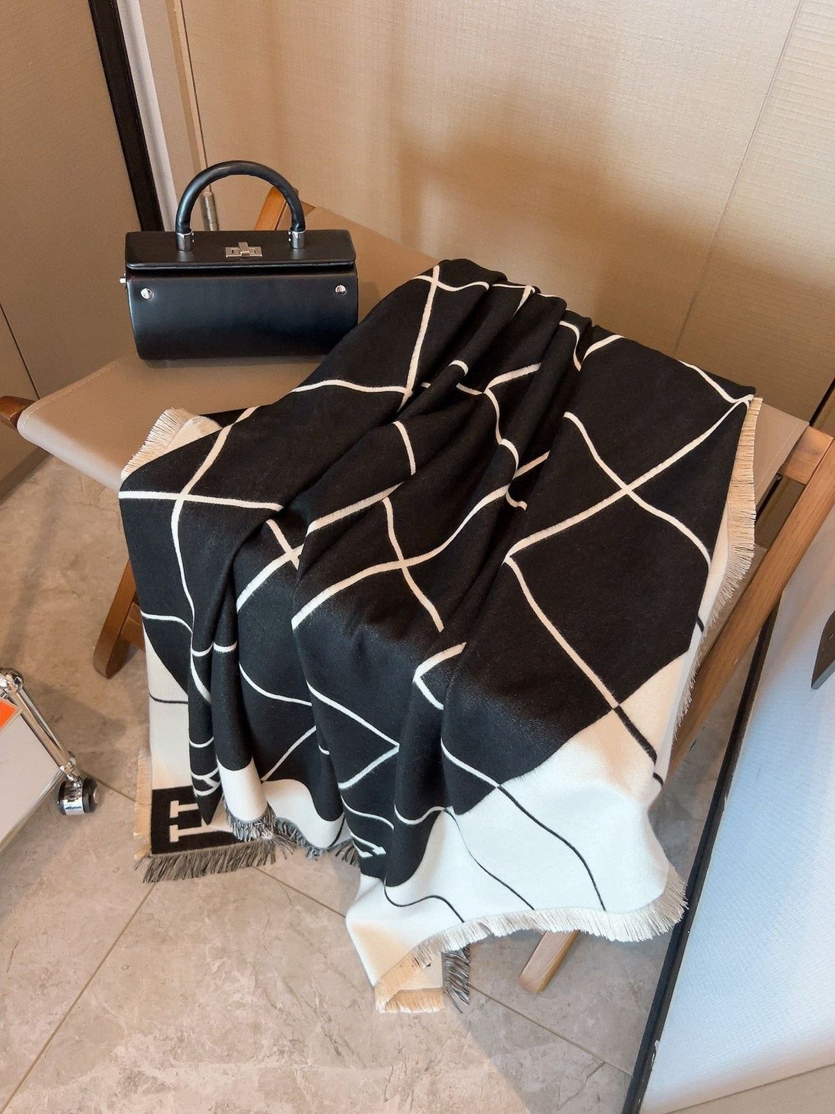 Hermès Black & Ivory Grid Square Scarf — front