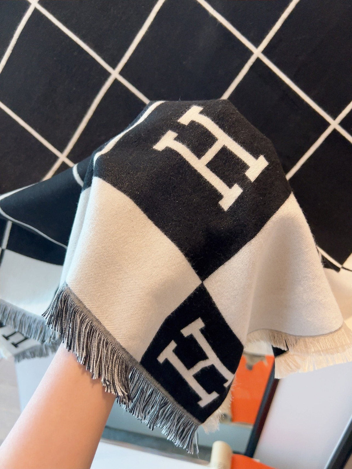 Hermès Black & Ivory Grid Square Scarf — detail