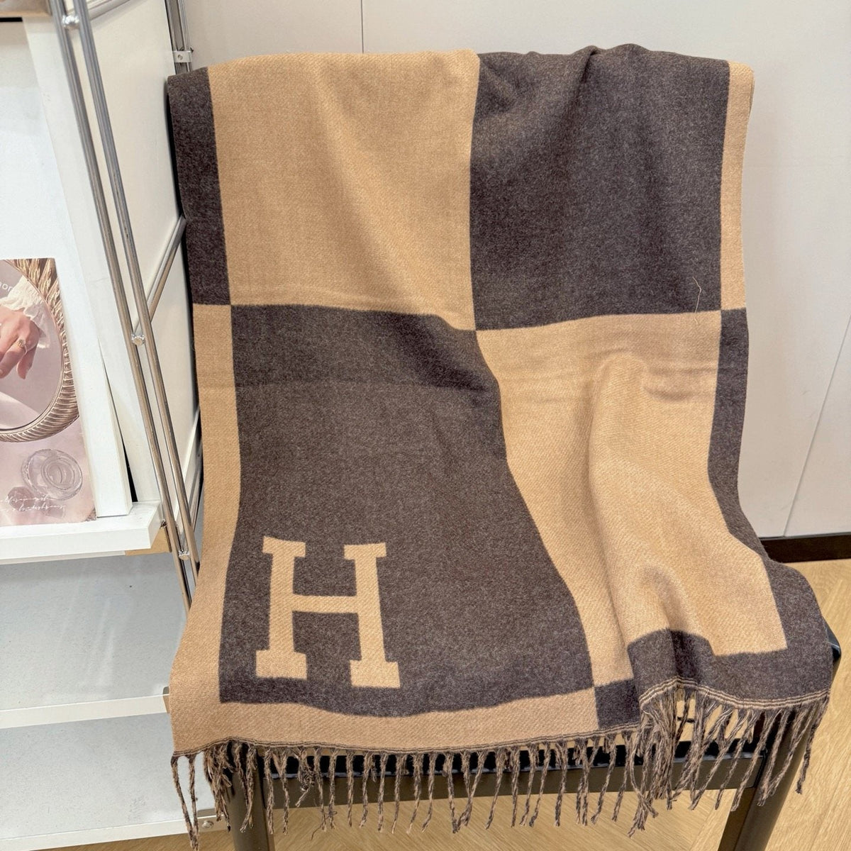 Fringed Color-Block Letter-Motif Scarf — front