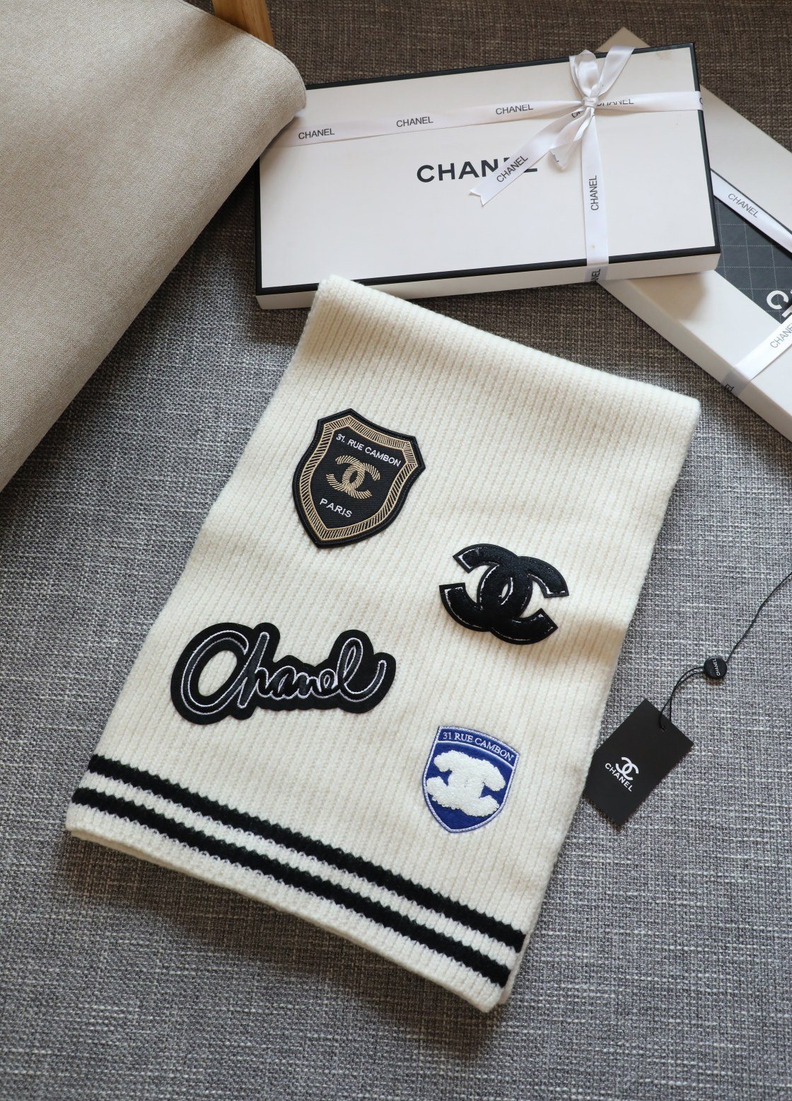 Chanel Emblem Rib-Knit Scarf — front