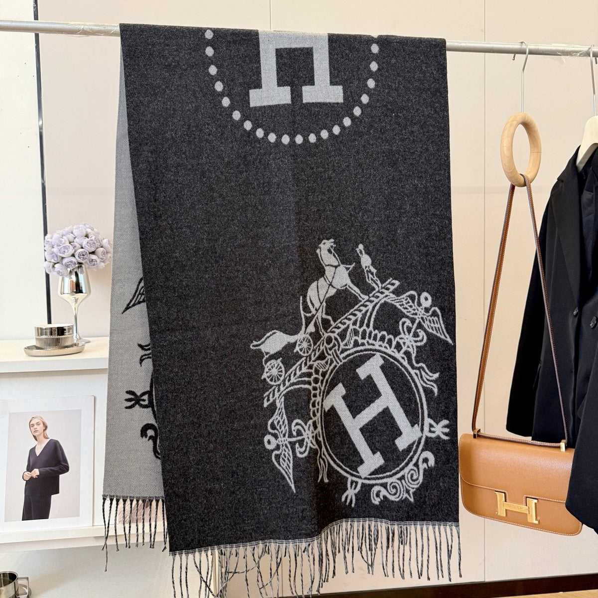 Fringed Knit Scarf with Ornamental Motif — front