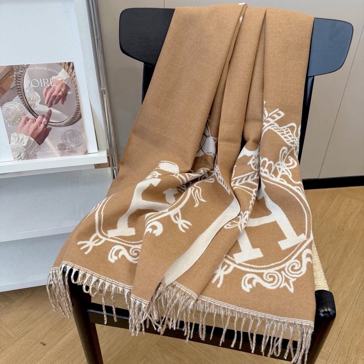 Fringed Knit Scarf with Ornamental Motif — front
