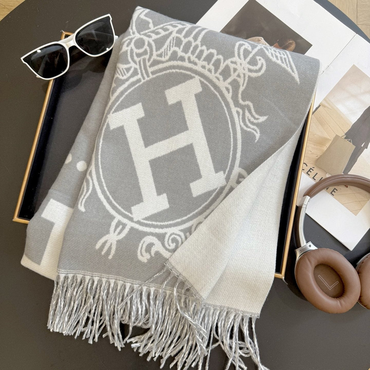 Fringed Knit Scarf with Ornamental Motif — front