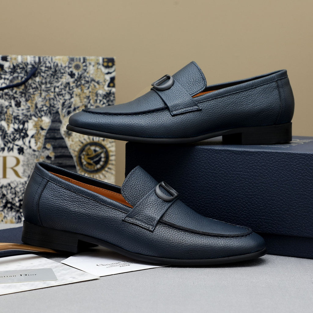 Dior Navy Blue Pebbled Leather Loafers — hero
