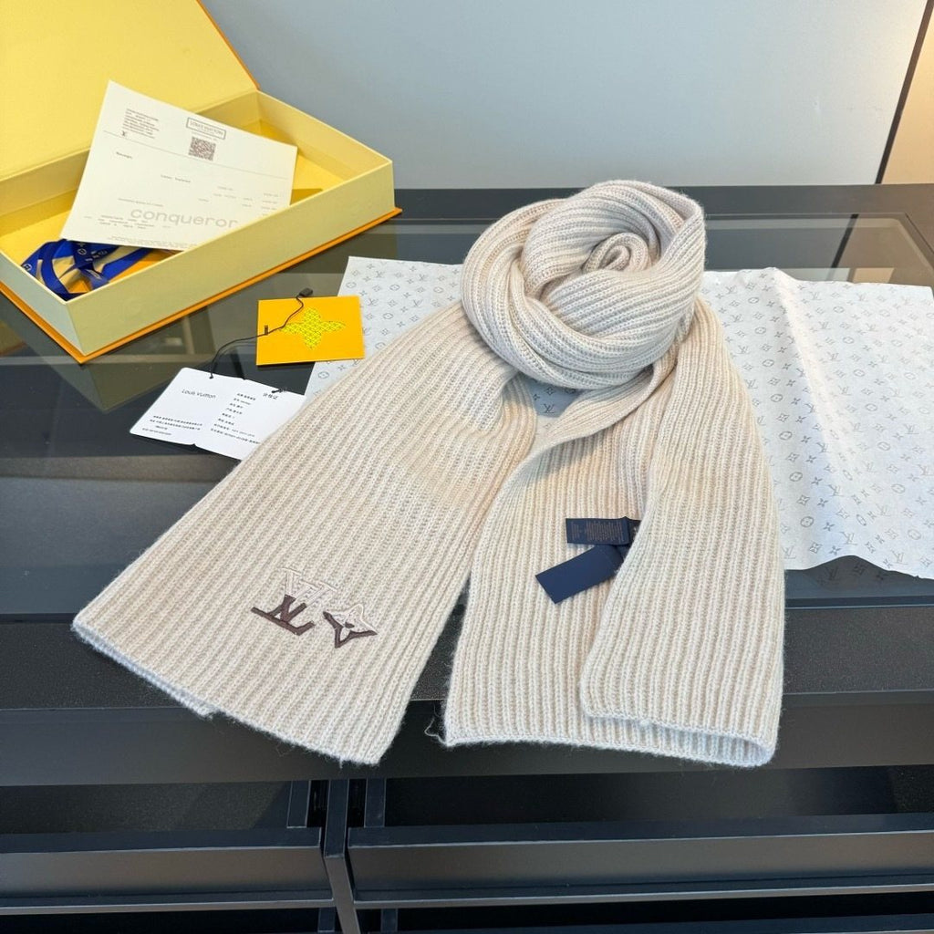 Louis Vuitton Cream Beige Beanie & Scarf Set — front