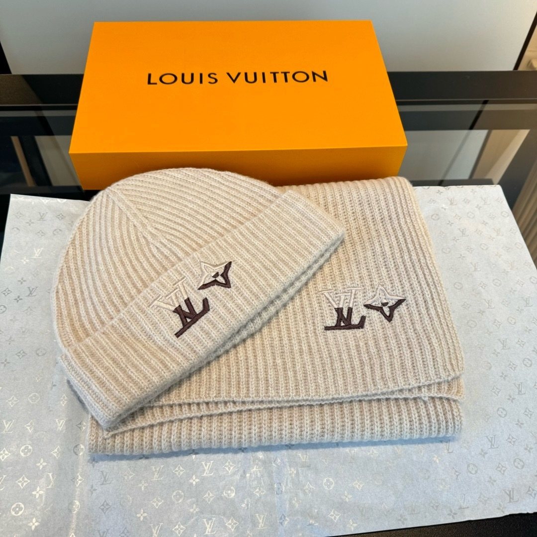 Louis Vuitton Cream Beige Beanie & Scarf Set — hero