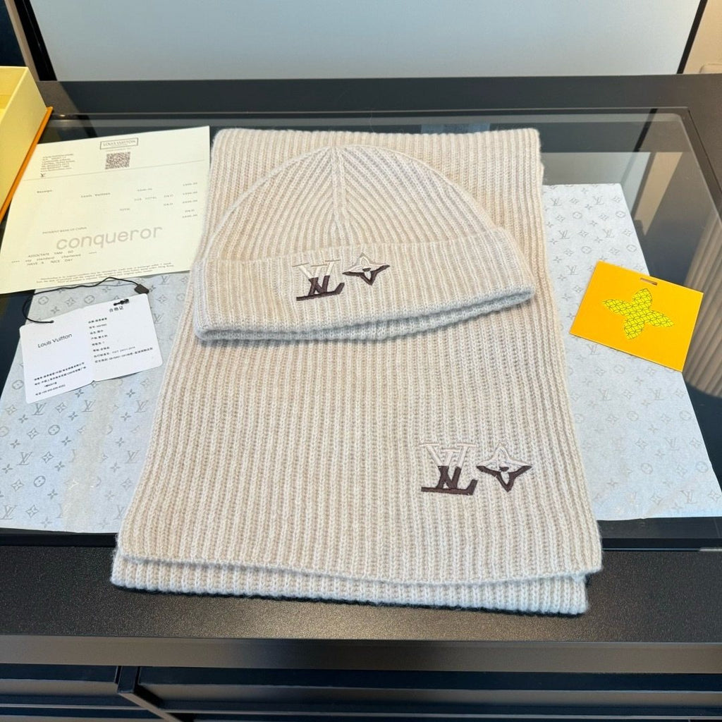 Louis Vuitton Cream Beige Beanie & Scarf Set — front