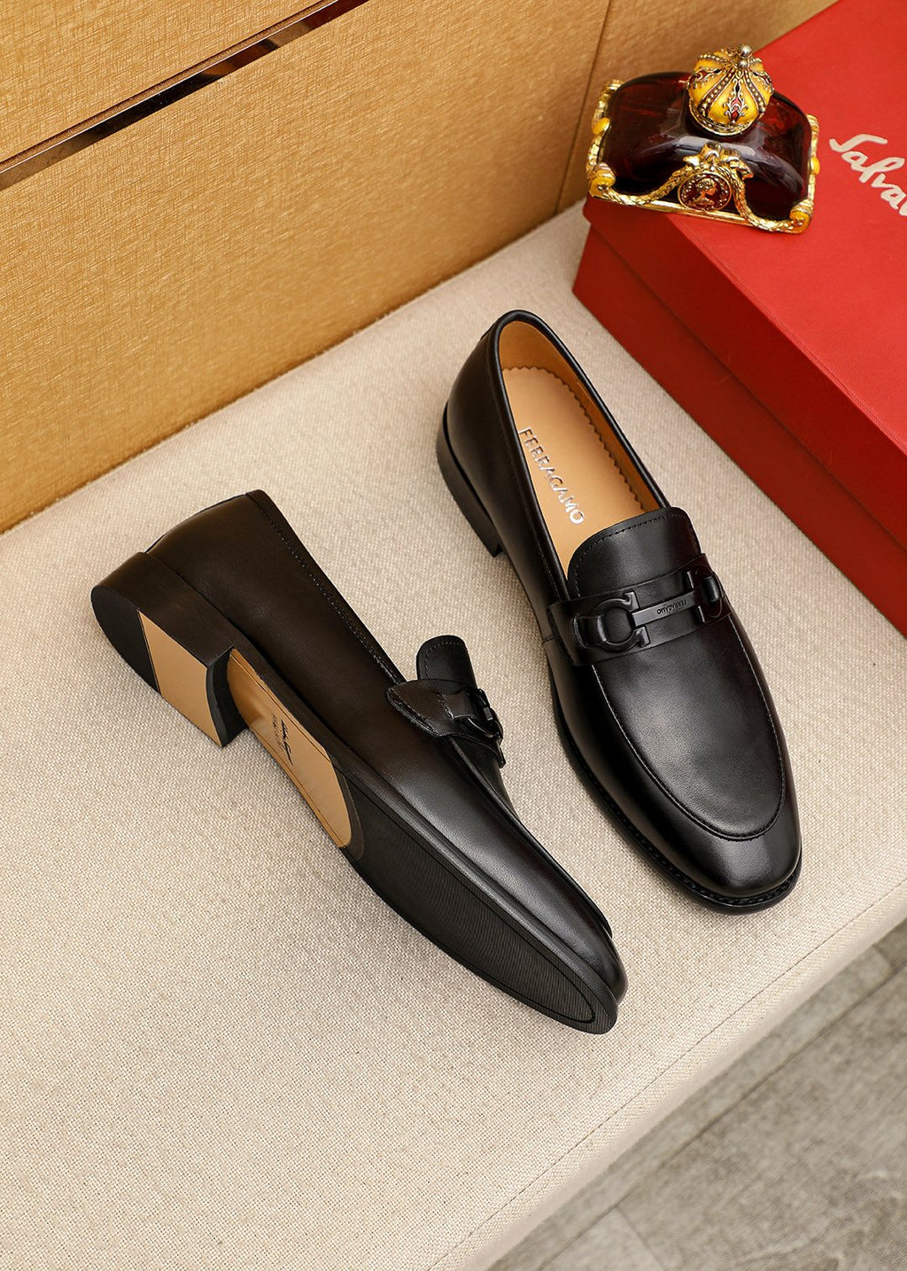 Ferragamo Black Leather Bit Loafers — front