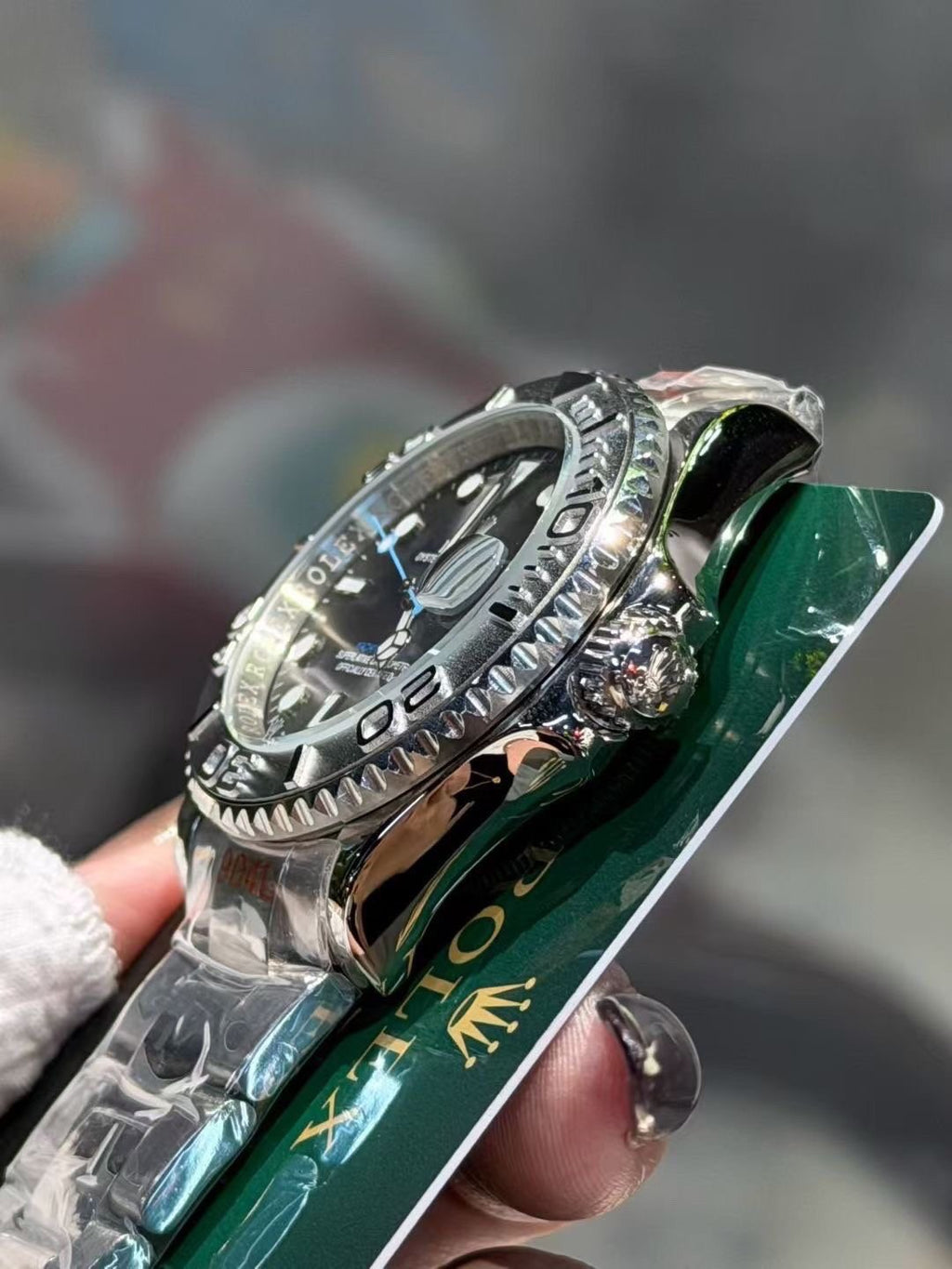 Rolex Blue Dial Silver Bracelet Watch — side