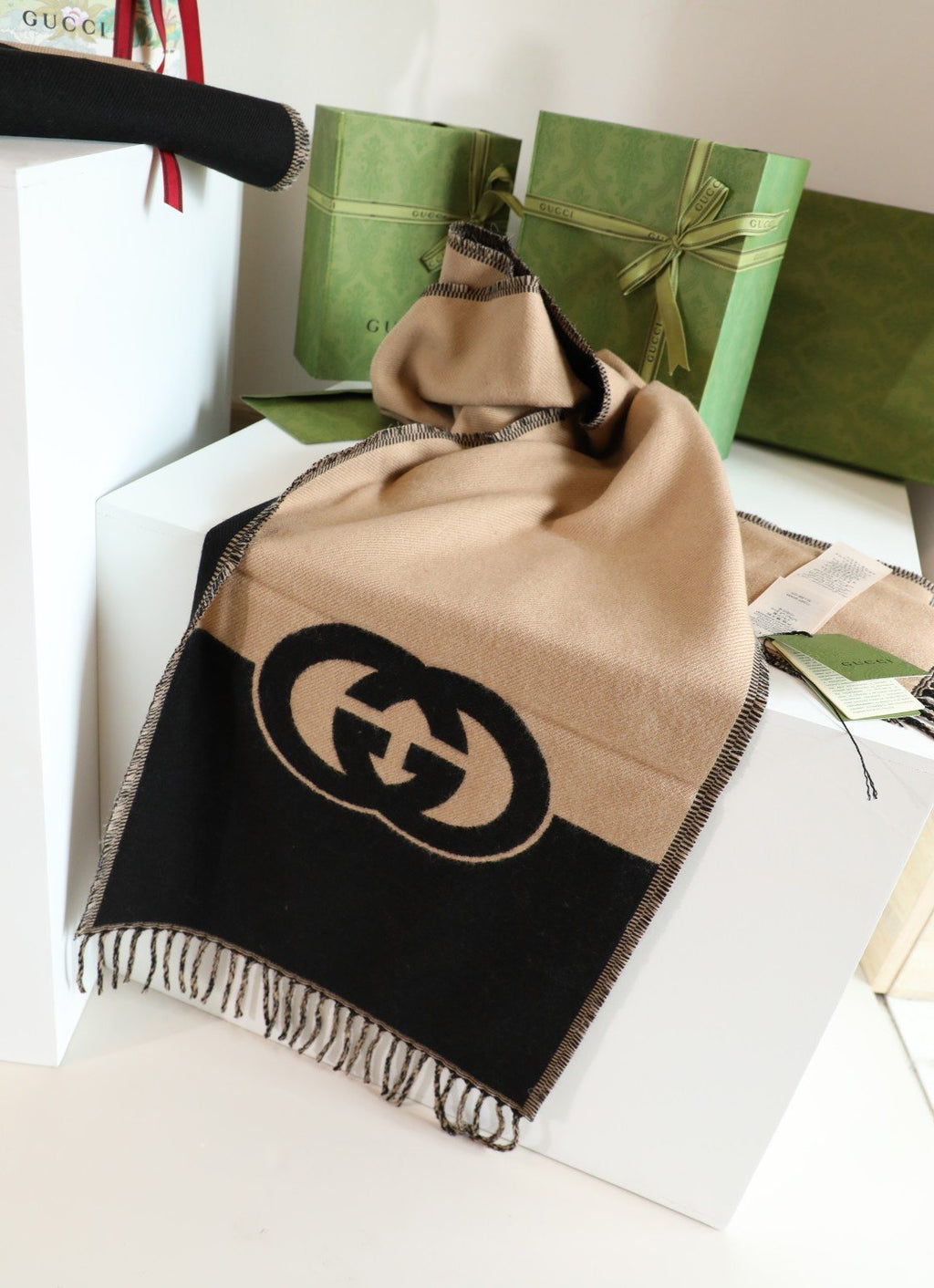 Gucci Beige and Black Fringed Scarf — detail