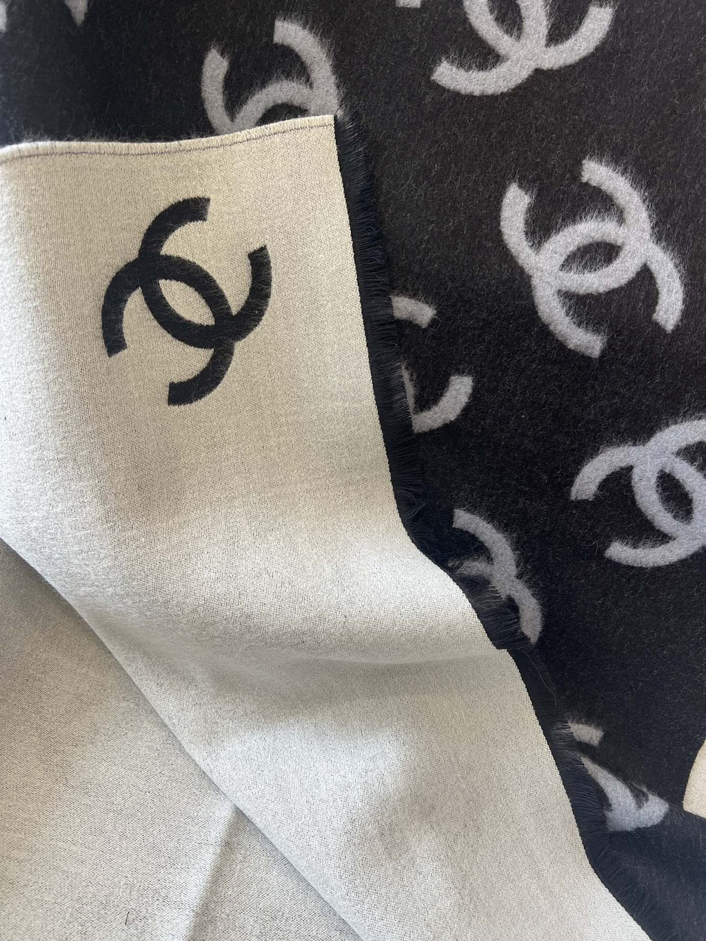 Chanel Reversible Black & Ivory Motif Shawl — detail