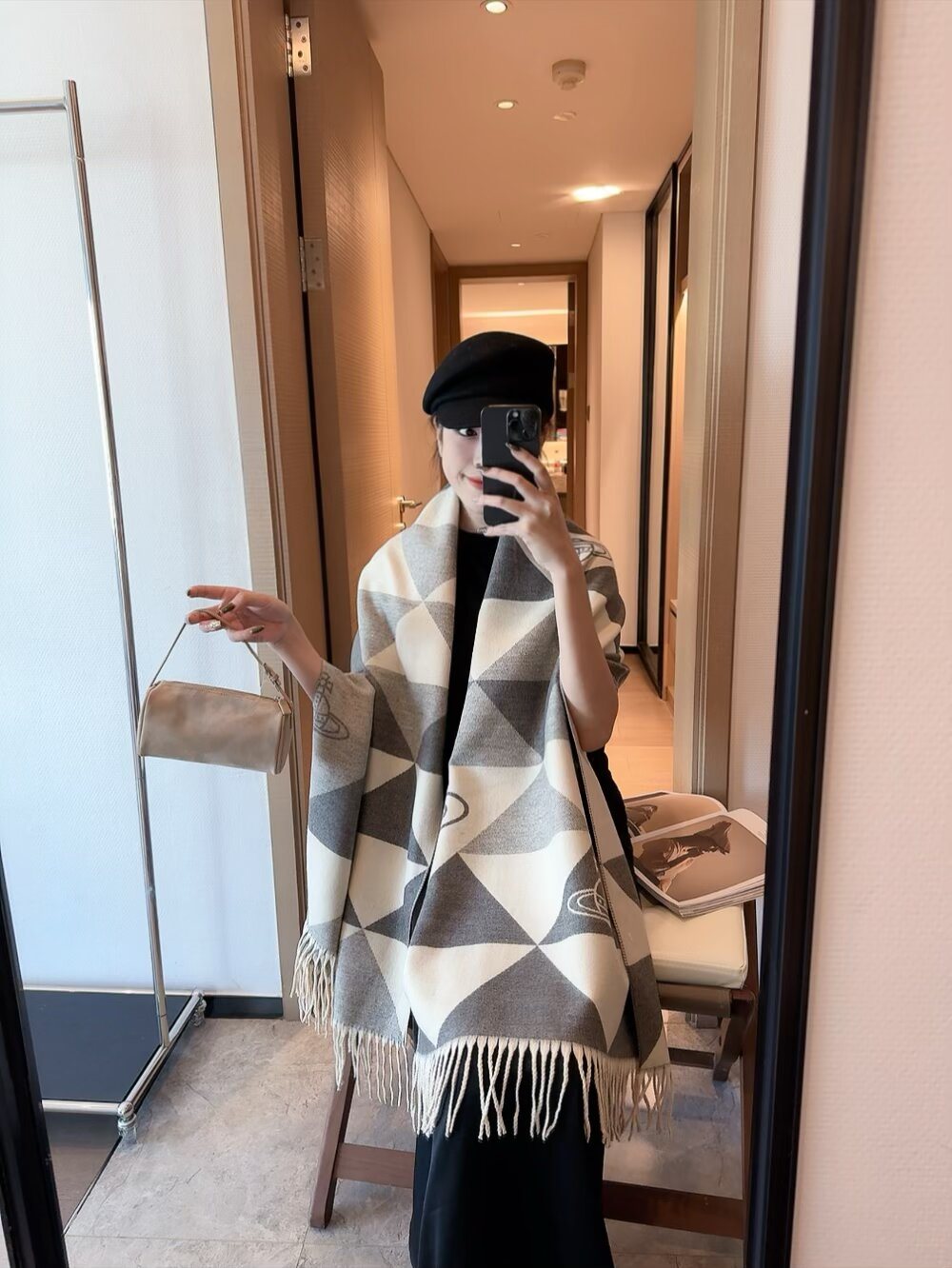 Vivienne Westwood Blush Pink Geometric Scarf — model