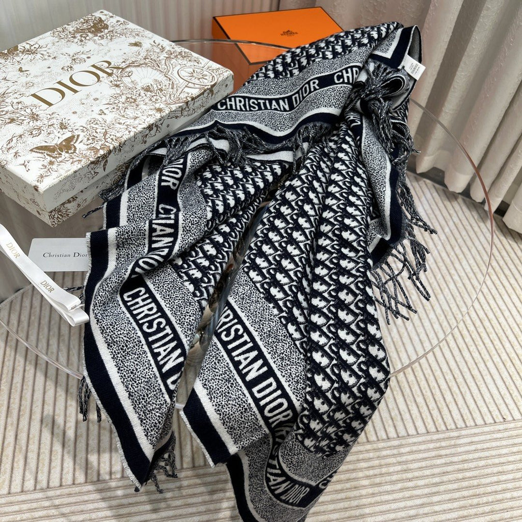 Dior Black & Ivory Fringed Shawl — front