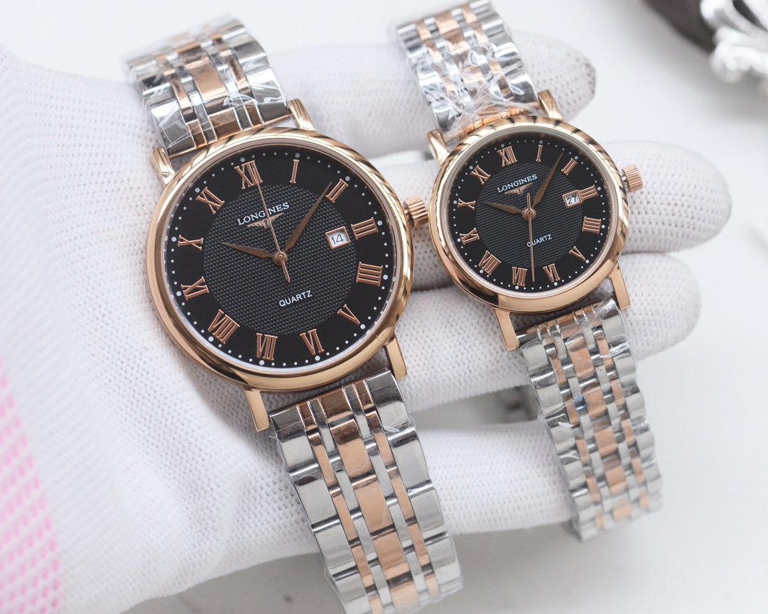 Longines Rose Gold Silver Black Dial Bracelet Couple Watch Set — front
