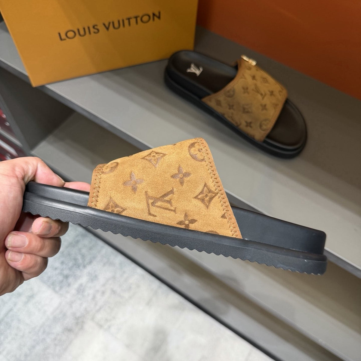 Louis Vuitton Tan Monogram Slide Sandals — front