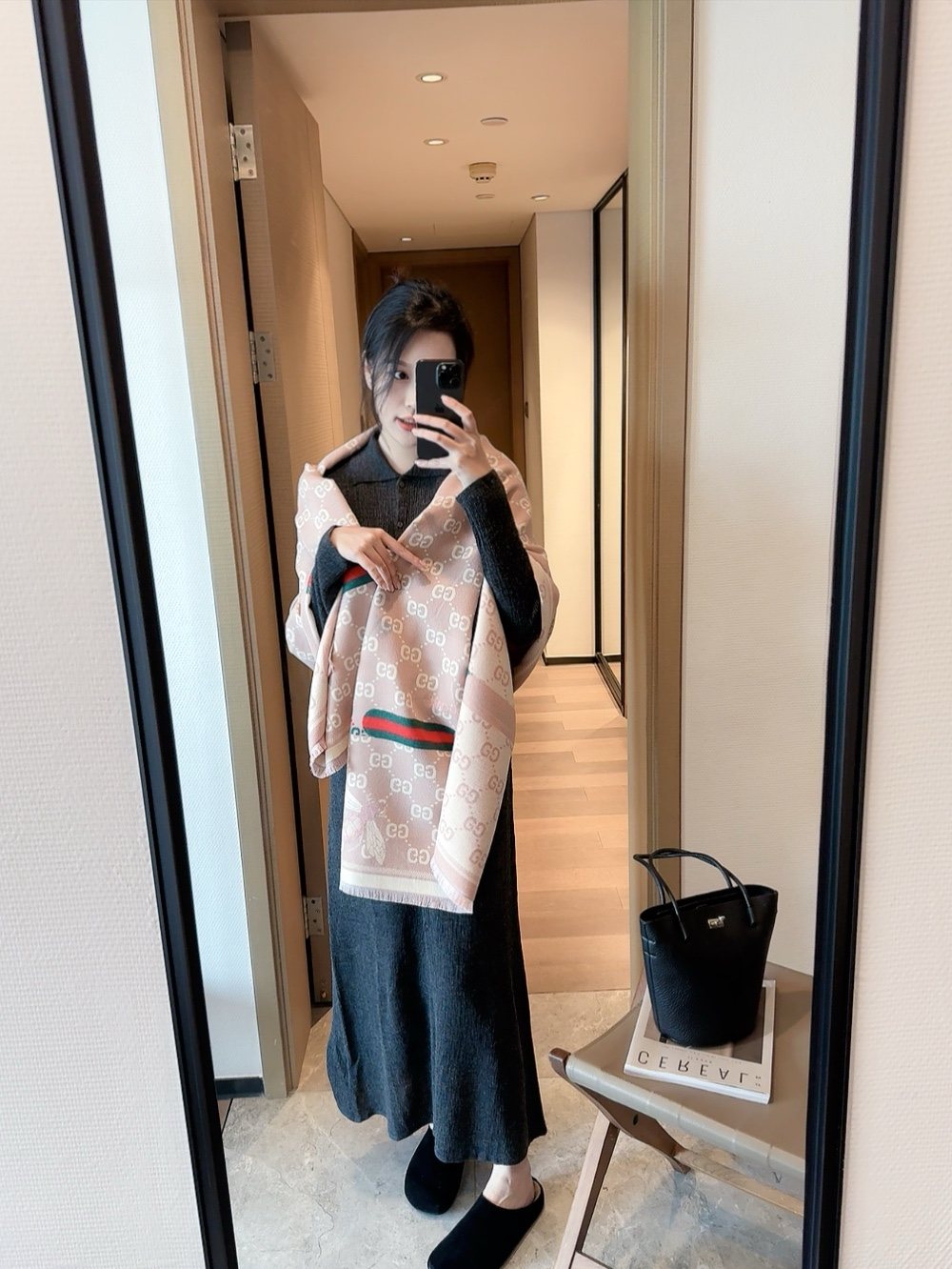 Blush Beige Patterned Fringe Scarf — model