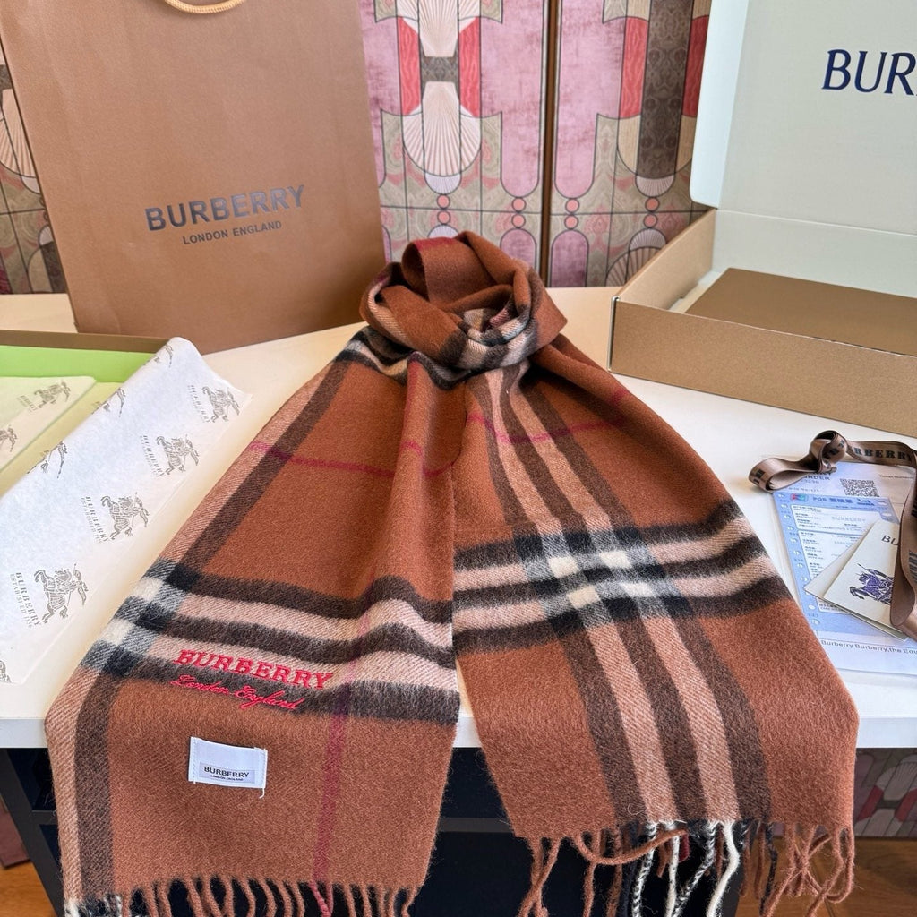 Burberry Brown Plaid Fringed Scarf — front