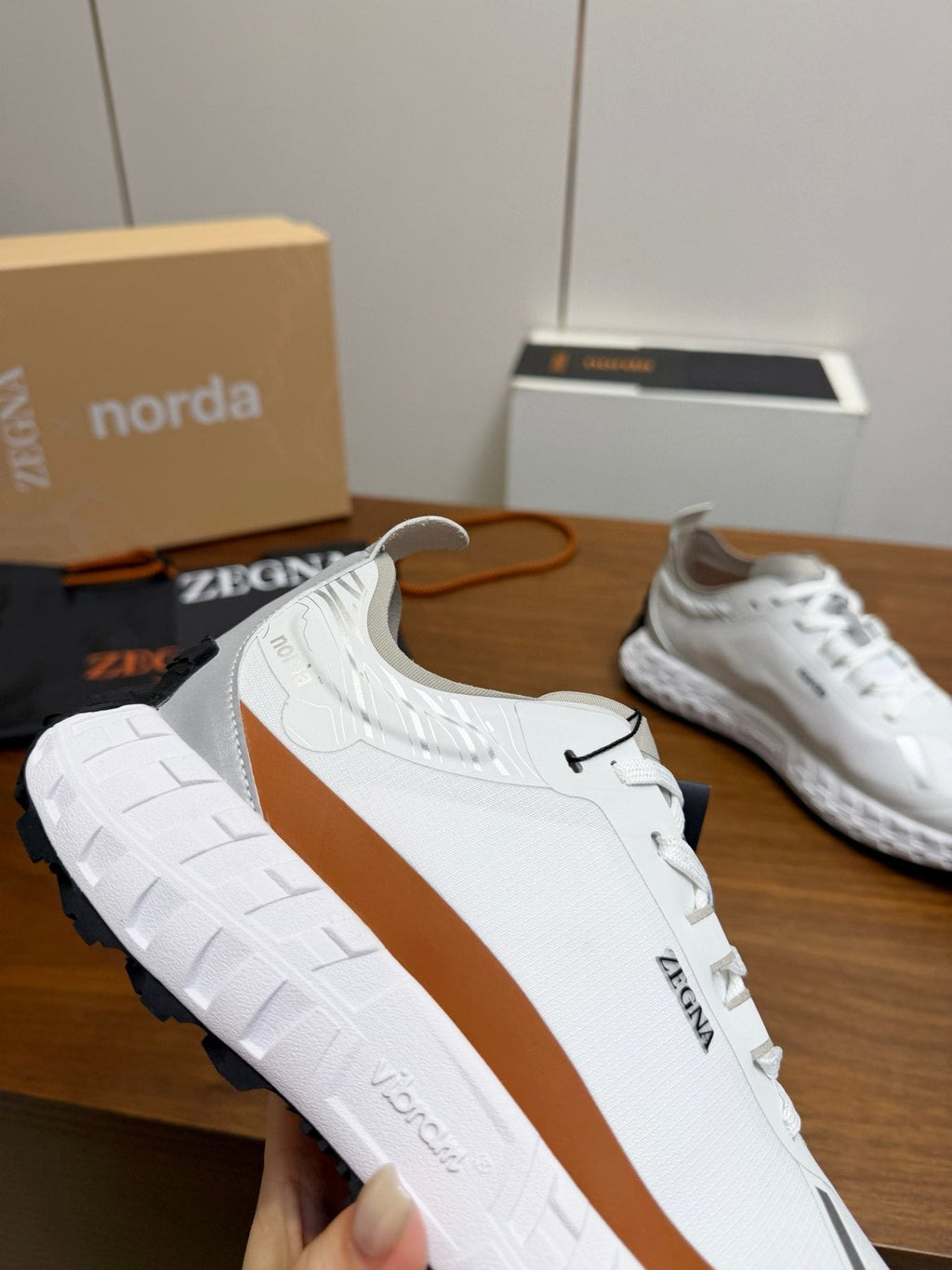 White Gray Brown Running Shoes — detail