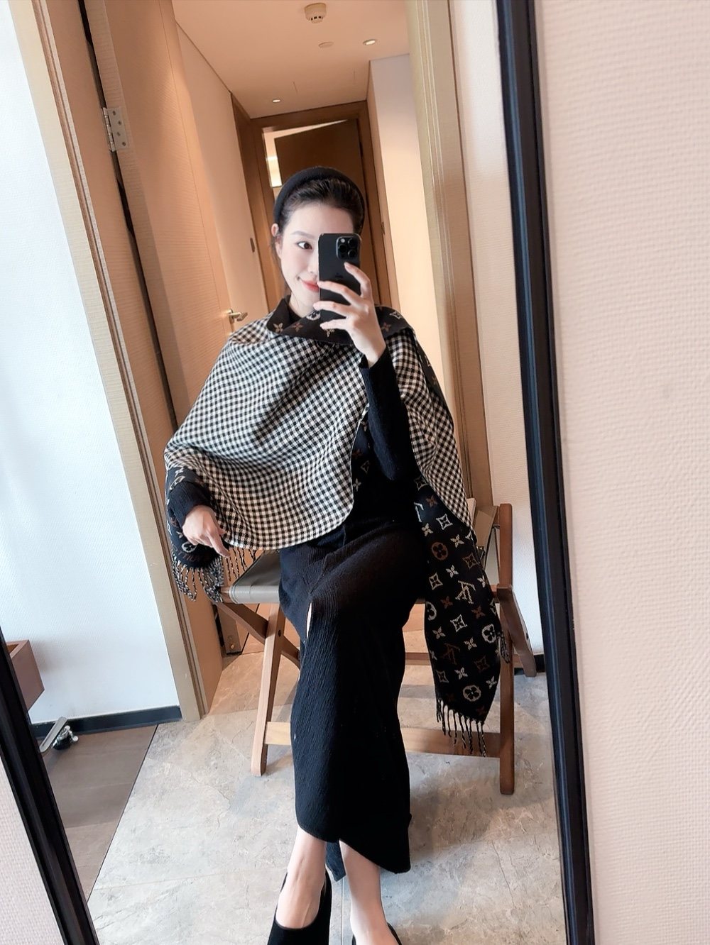 Louis Vuitton Reversible Monogram Fringe Scarf — model