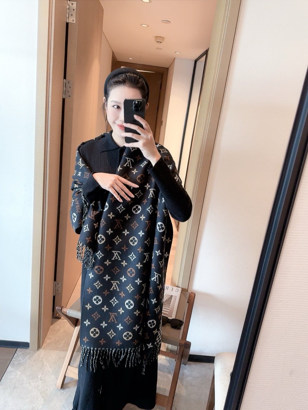 Louis Vuitton Reversible Monogram Fringe Scarf — model