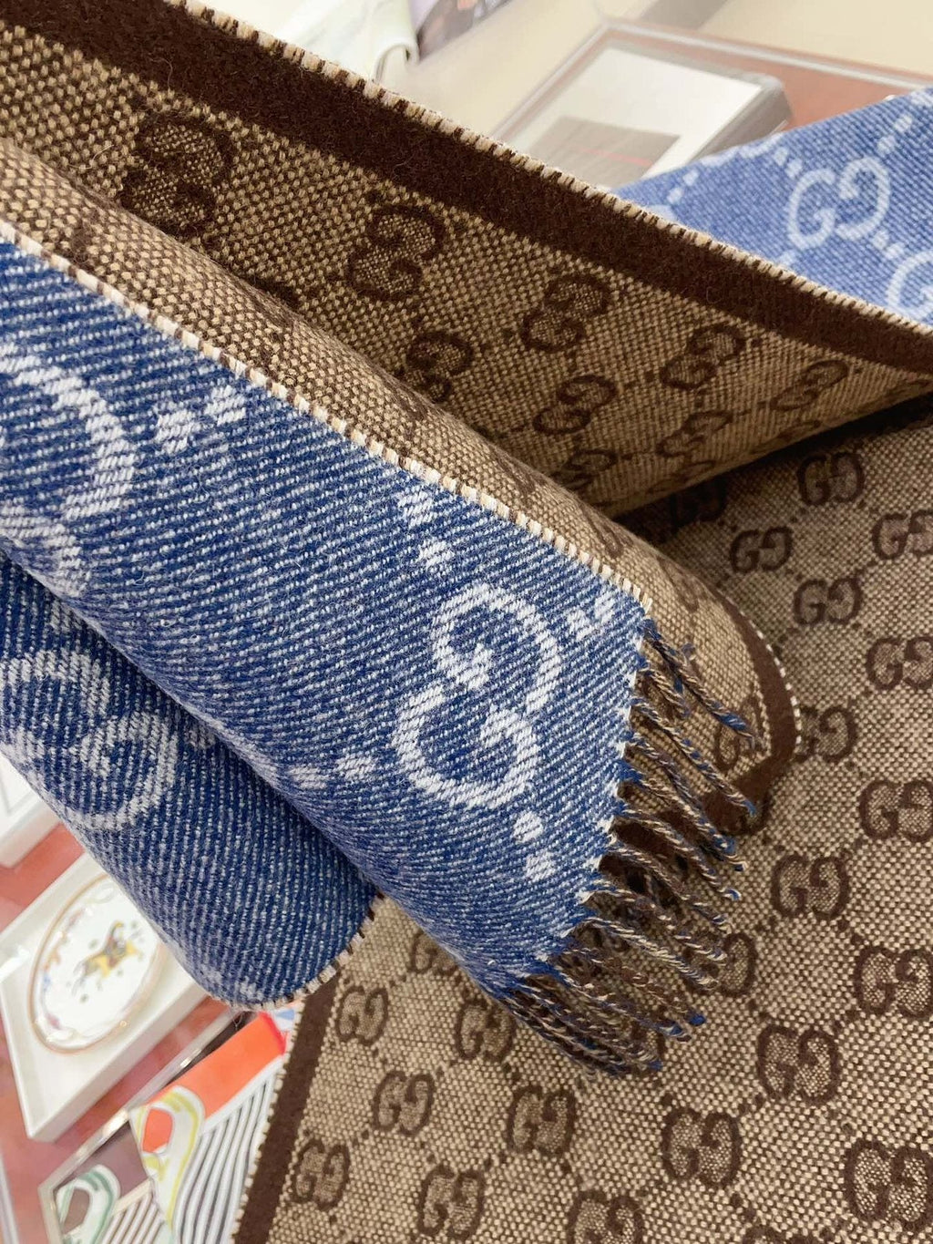 Gucci Reversible Blue and Brown Fringed Scarf — detail