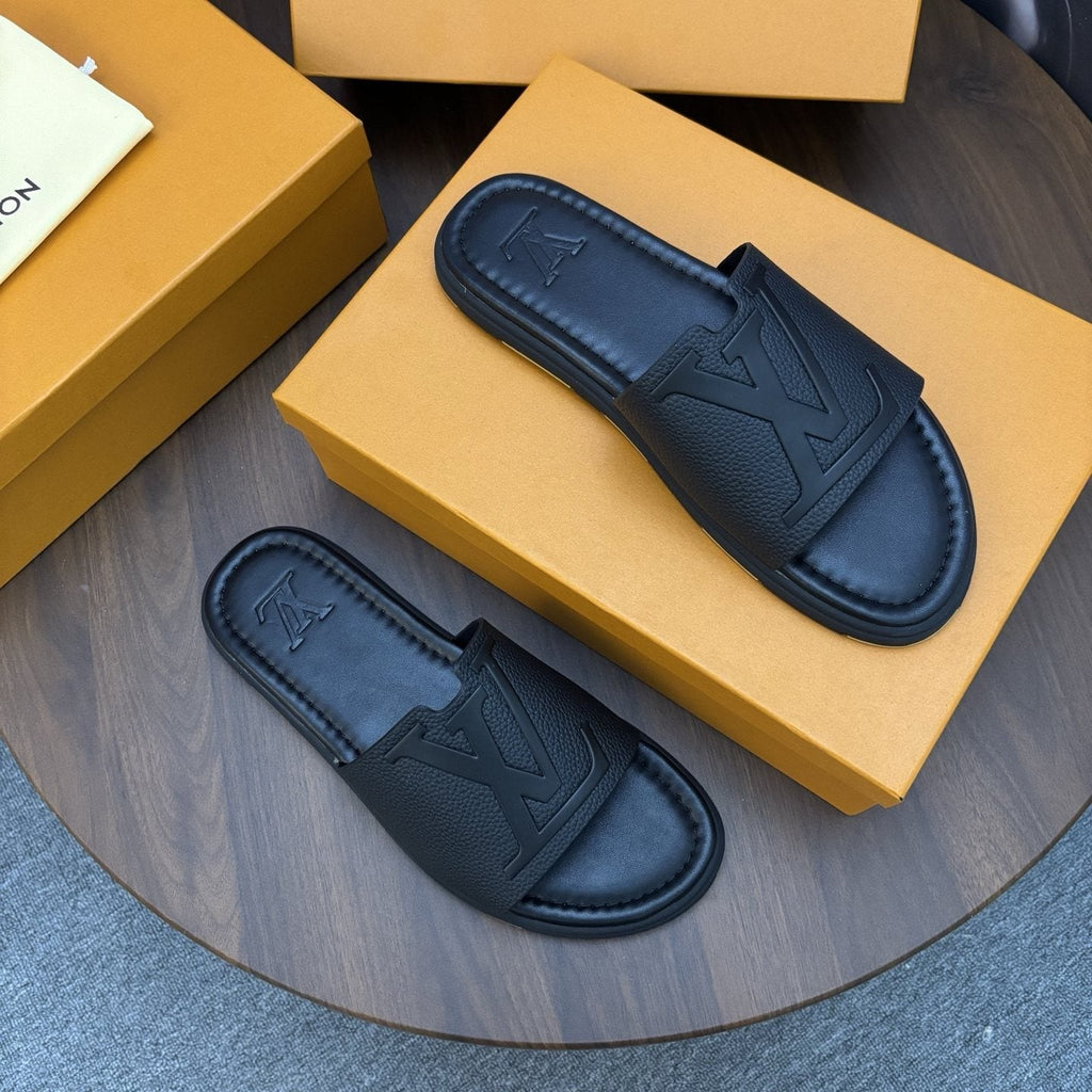 Black Embossed Slide Sandals — front