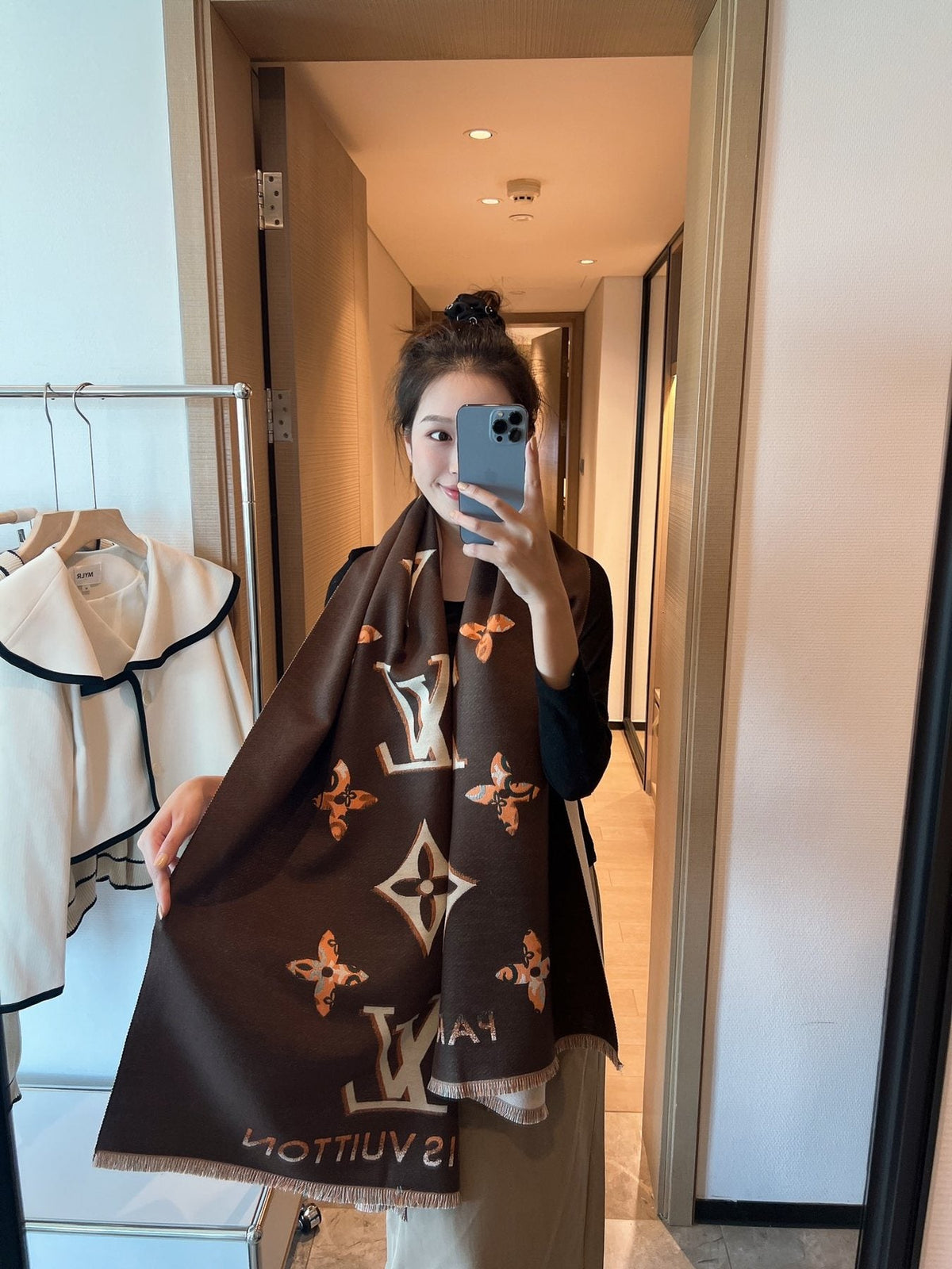 Louis Vuitton Monogram Fringed Shawl — model