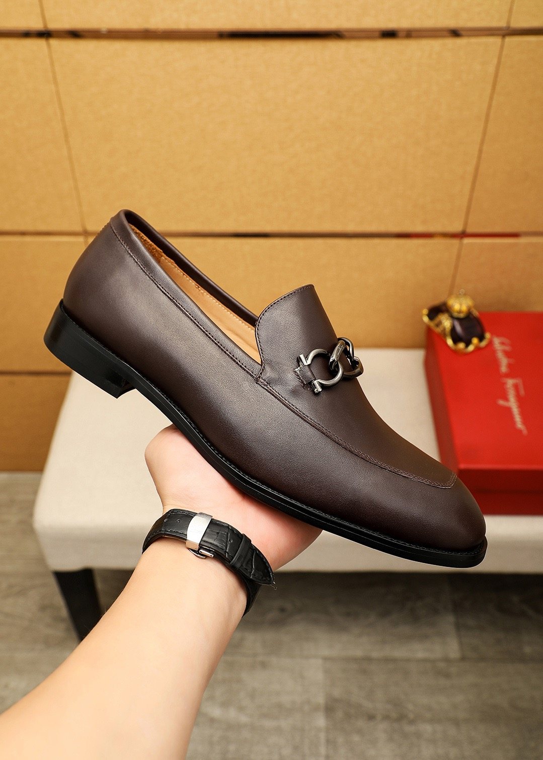 Ferragamo Brown Hardware Loafers — side