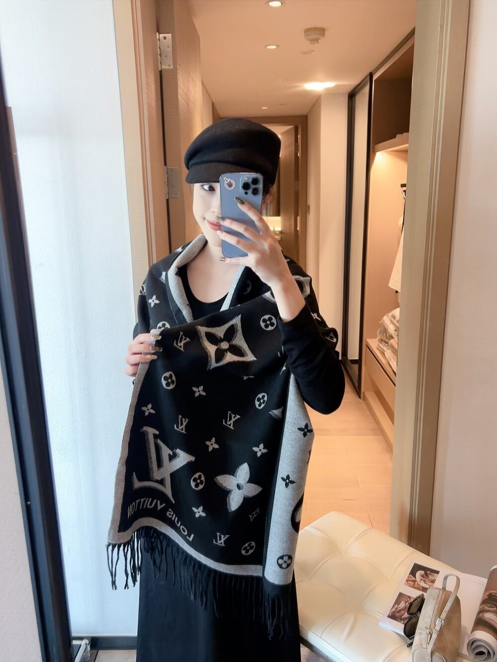 Louis Vuitton Black & Gray Logo Scarf — model