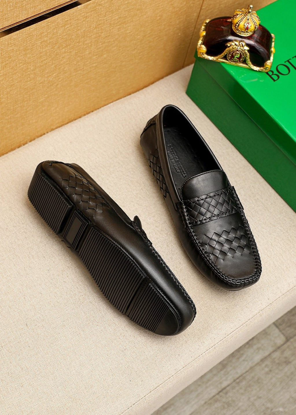 Bottega Veneta Black Woven Loafers — front