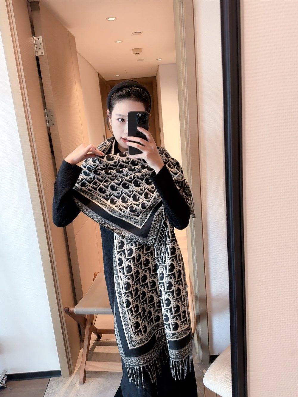 Dior Patterned Fringe Scarf — model