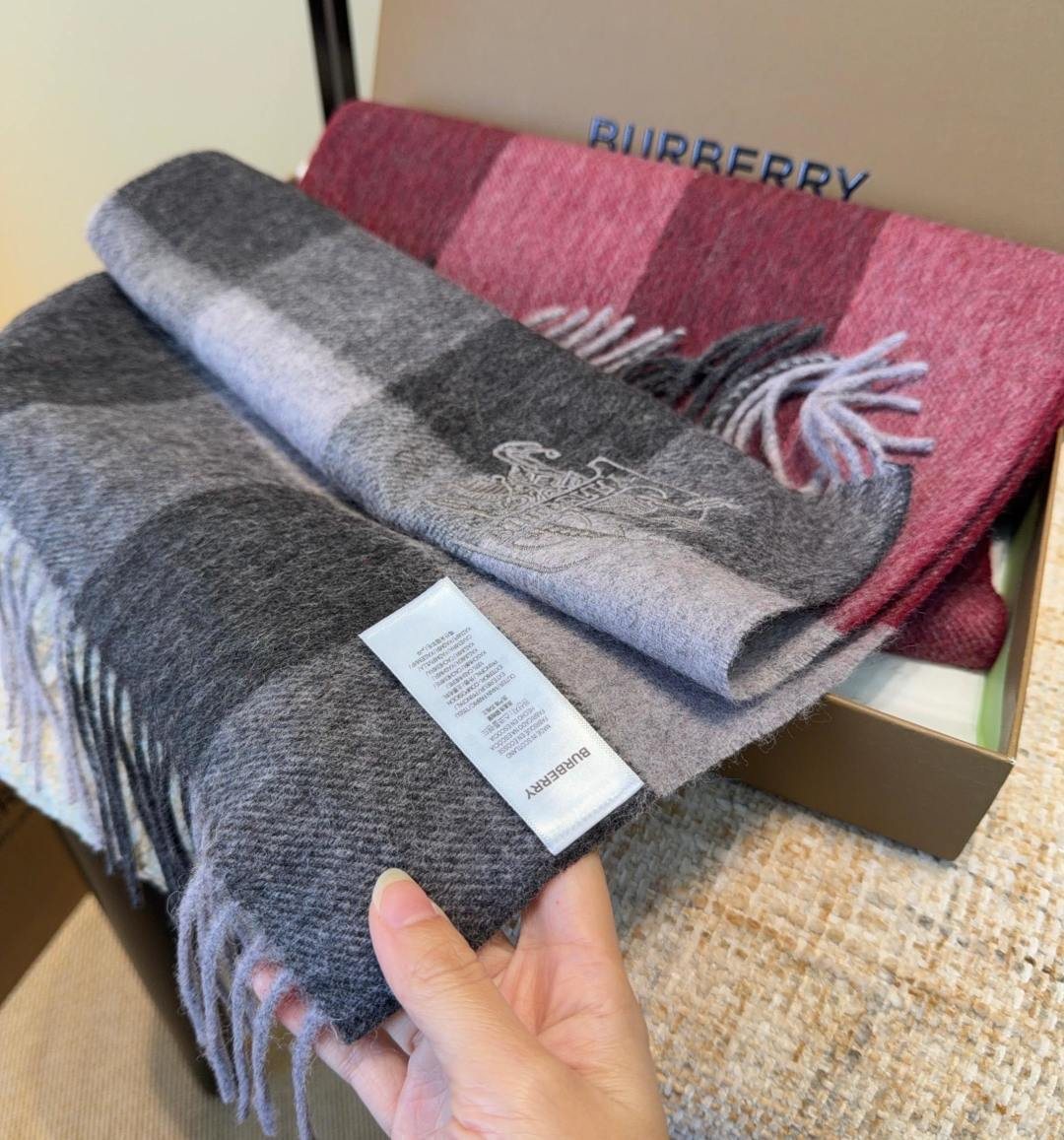 Burberry Burgundy Plaid Fringed Scarf — front