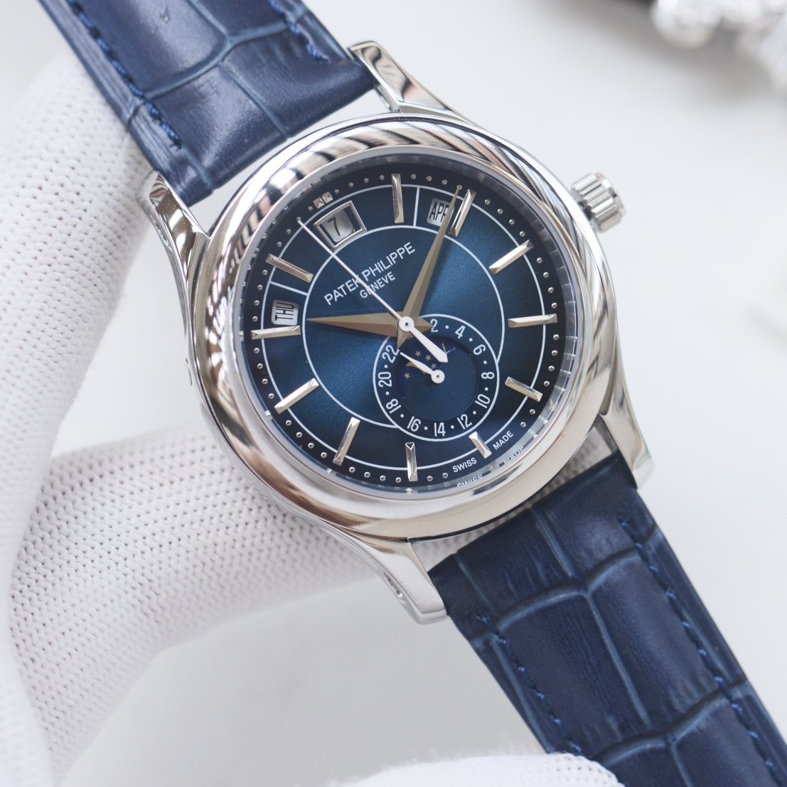 Patek Philippe Silver Blue Dial Leather Strap Watch — hero
