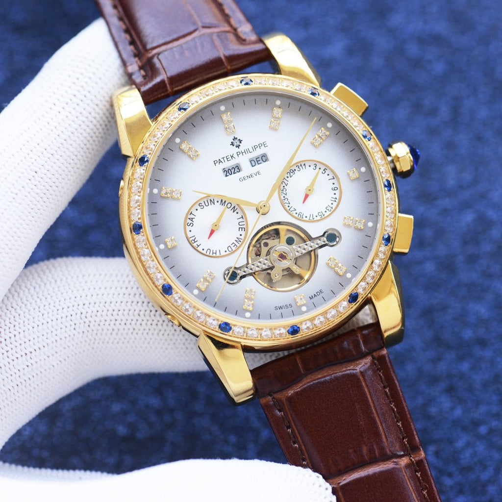 Patek Philippe Gold Brown White Dial Leather Strap Watch — hero