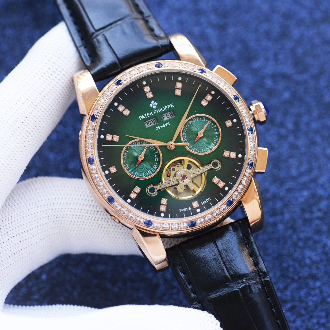 Patek Philippe Rose Gold Black Green Dial Leather Strap Watch — hero