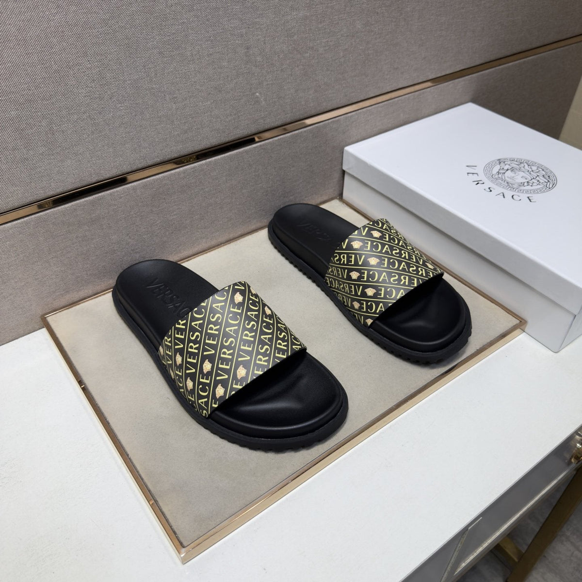 Versace Patterned Strap Slide Sandals — front