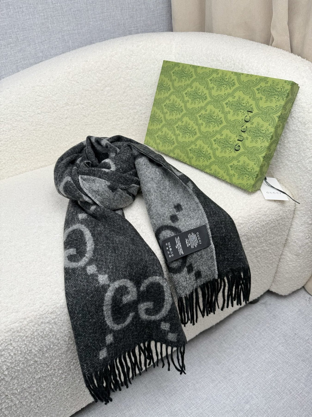 Charcoal Gray and Black Fringed Scarf — side