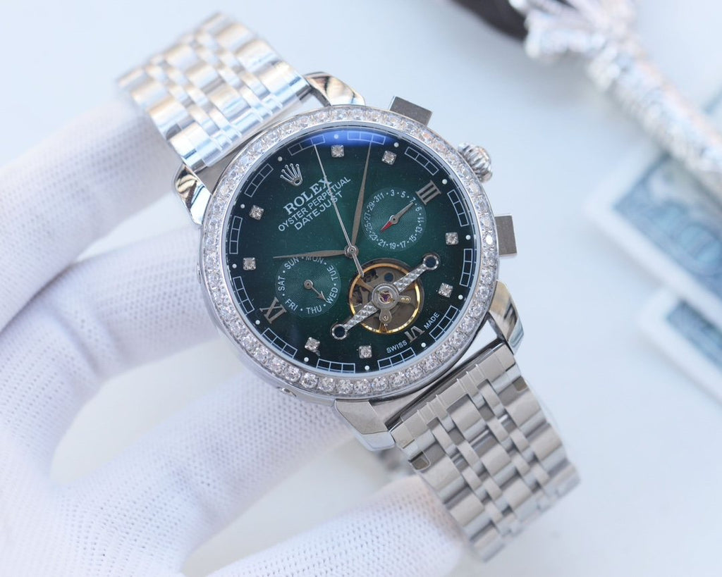 Rolex Silver Green Dial Bracelet Watch — hero